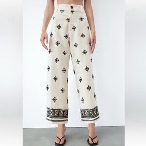Zara White and Black Embroidered Pants